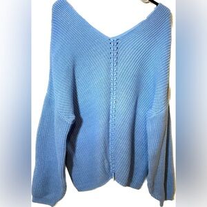 Unique drop shoulder comfy loose hand-knit v-neck sweater w/braided design. XXL